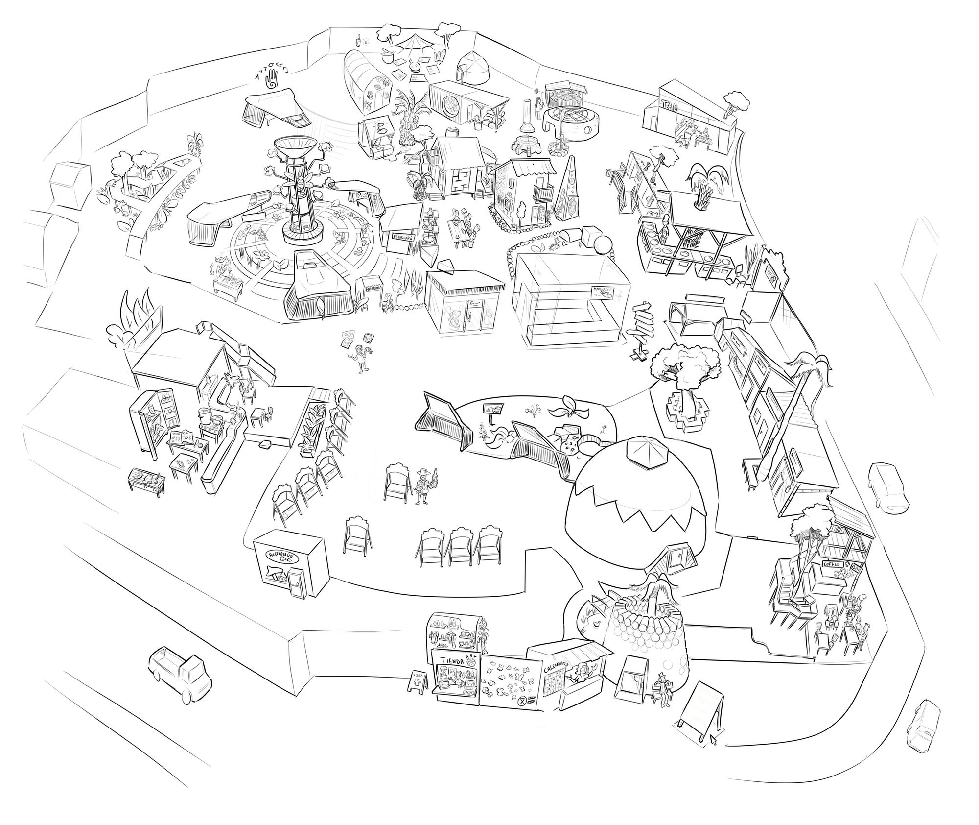 Mapa ilustrado del Huerto Roma Verde: el domo, la tienda, la cocina, el mandala de cultivo, los talleres y el mercado, dibujados a vista de pájaro